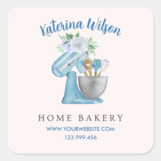 Home Bakery Blue Flower Mixer Vierkante Sticker (Voorkant)