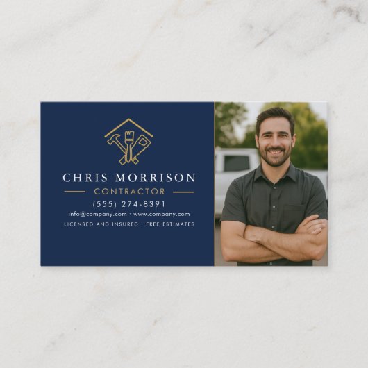Home Improvement QR Code Photo Navy Blue Gold Visitekaartje (Voorkant)