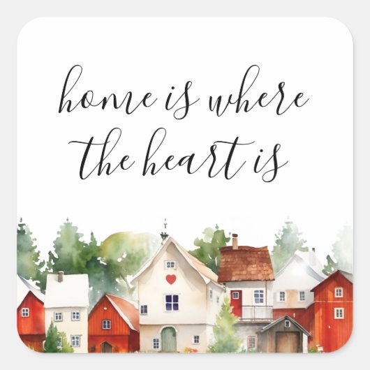 Home is Waar het hart is Waterverf Huis Vierkante Sticker (Voorkant)
