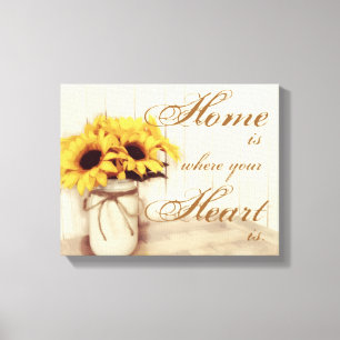 Home is waar Zonnebloem Mason Jar gewikkeld canvas Afdruk