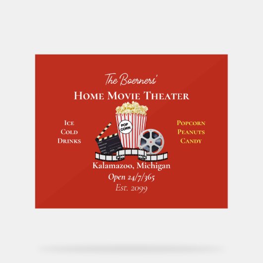 Home Movie Theater Popcorn Film Reel Acrylic Sign Acryl Bord (Voorkant)