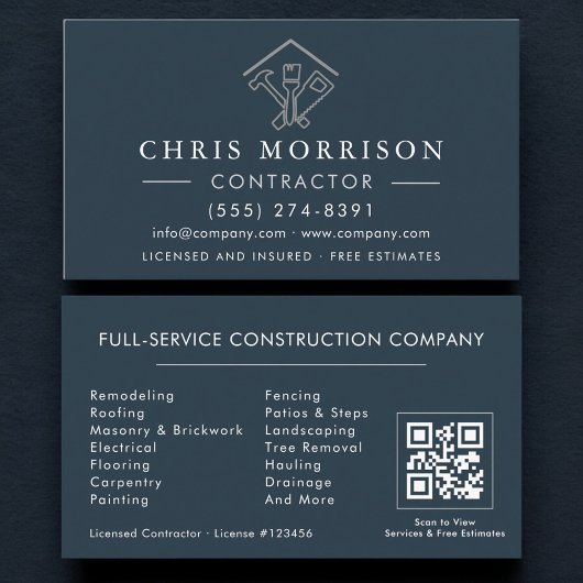 Home Repairs Contractor Blue Silver QR Code Visitekaartje
