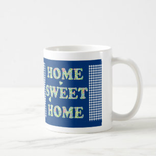 Home Sweet Home Mok: Primroses, Blue Check Gingham Koffiemok