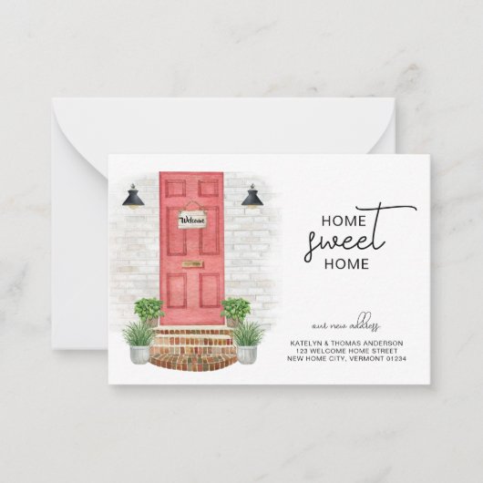 Home Sweet Home Nieuw Adres Rode Deur Waterverf Notitiekaartje (Voorkant)