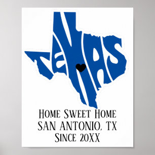 Home Sweet Home San Antonio Texas Blue State Kaart Poster