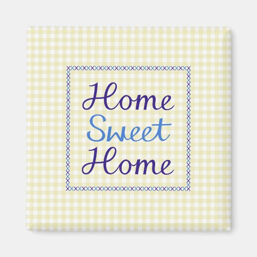 Home Sweet Home Script in Blues op Yellow Gingham Magneet (Voorkant)