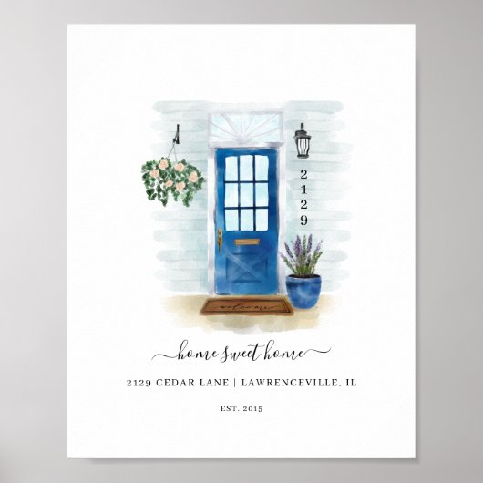 Home Waterverf Home Sweet Home Style Blauwe deur Poster (Voorkant)