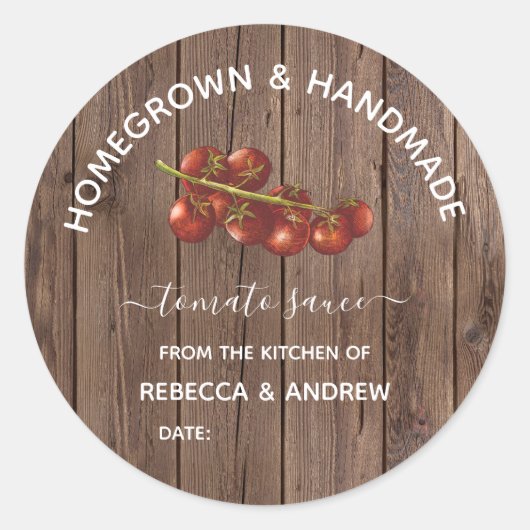 Homegrown & Handmade Wood Tomato Sauce Mason Jar Ronde Sticker (Voorkant)