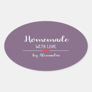 Homemade met liefde paars gepersonaliseerd  ovale sticker