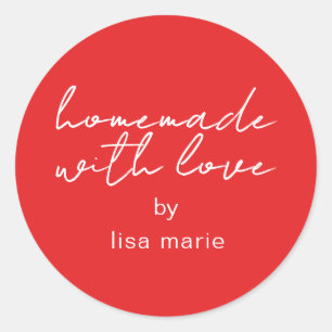Homemade met liefdesgepersonaliseerde, heldere rod ronde sticker