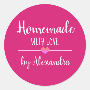 Homemade met liefdesroze witte scriptnaam ronde sticker