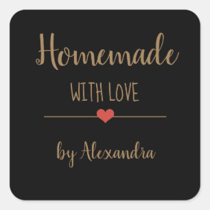Homemade met liefdeszwarte en gouden scriptnaam vierkante sticker