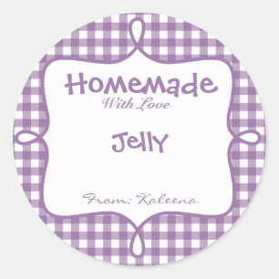 Homemade met Love Paars Gingham Ronde Sticker