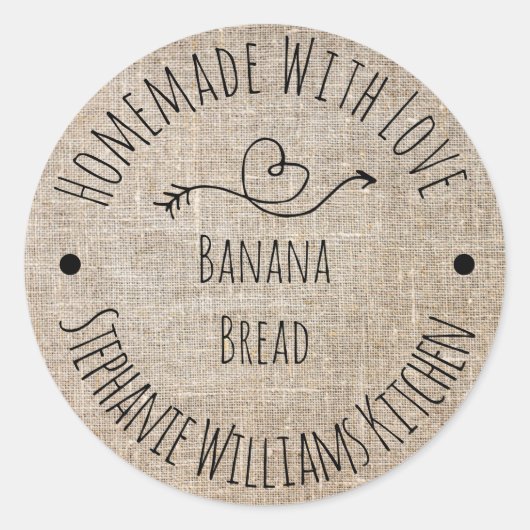 Homemade met Love Rustic Burlap | Betaalde goedere Ronde Sticker (Voorkant)
