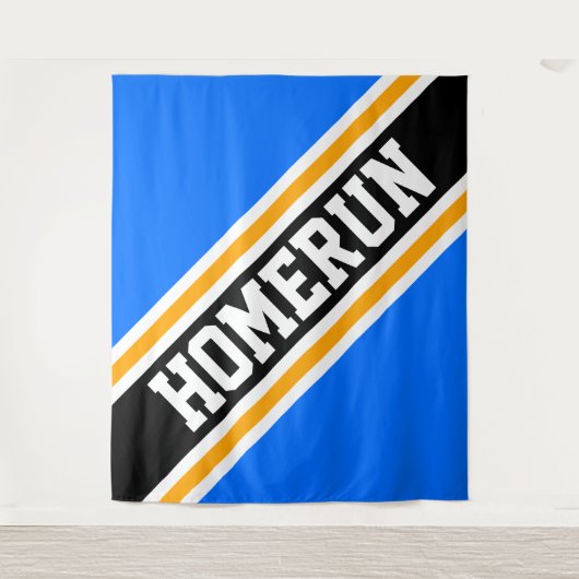 HOMERUN Helderblauw Geel Oranje Zwart Strepen Wandkleed (Voorkant)