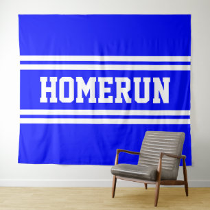 HOMERUN Helderblauw Witte Honkbal Racing Strepen Wandkleed