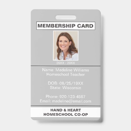 Homeschool CO-OP Adhésion Grey Parent ID Badge (Front)