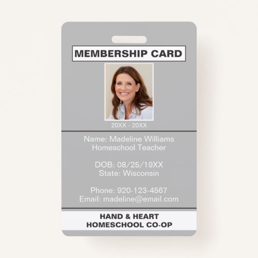 Homeschool CO-OP Lidmaatschap Gray Parent ID Badge (Voorkant)