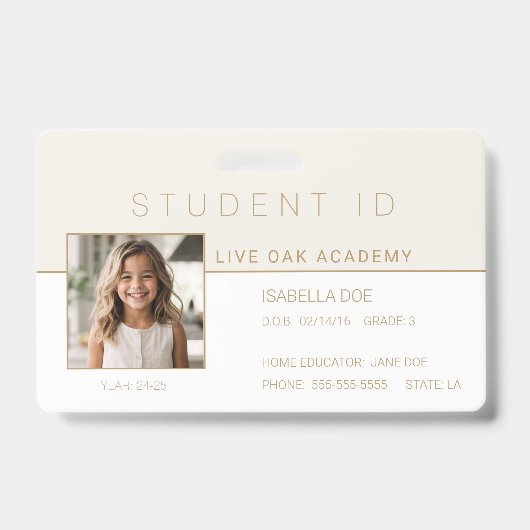 Homeschool Student ID Badge | Modern goud (Voorzijde)