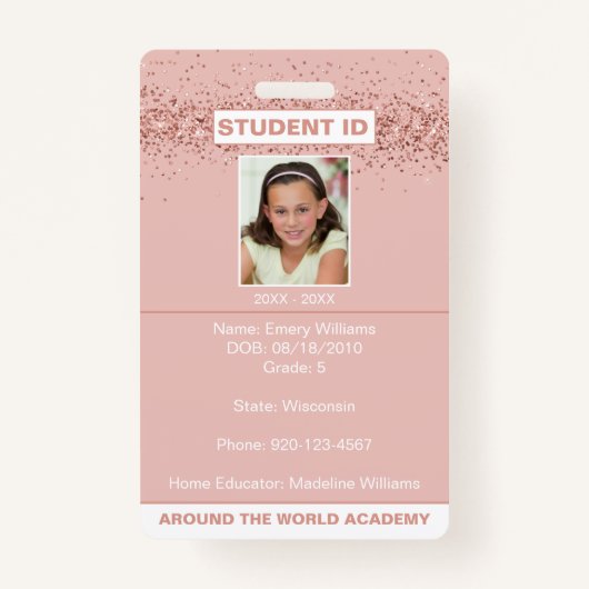 Homeschool Student ID Roos Gold Glitter Badge (Voorkant)