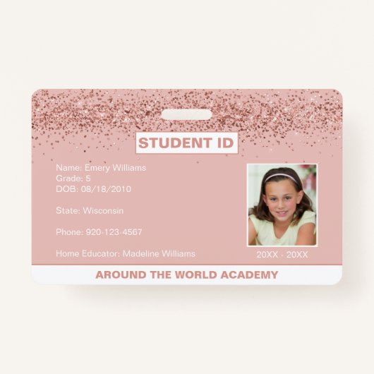 Homeschool Student ID Roos Gold Glitter Badge (Voorkant)