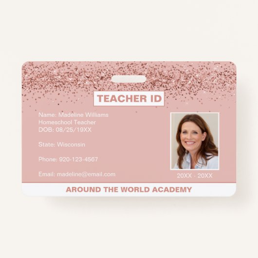 Homeschool Teacher ID Roos Gold Glitter Badge (Voorkant)