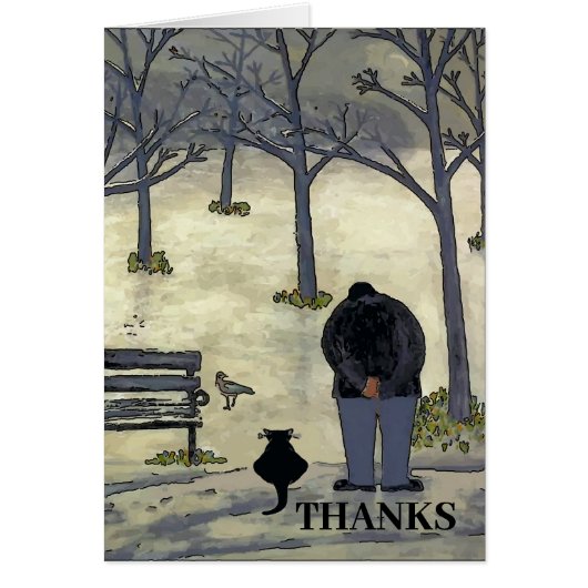 Homme dans le parc, chat et oiseau, Merci (Devant)