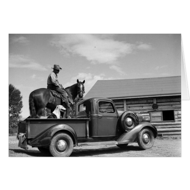 Homme sur un cheval avec un chien dans un camion (Devant horizontal)