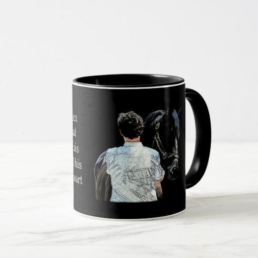 Homme tenant du cheval de la Mug de café foncé (Devant droit)