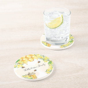 Hommels honing gele bloemen familie monogram zandsteen onderzetter
