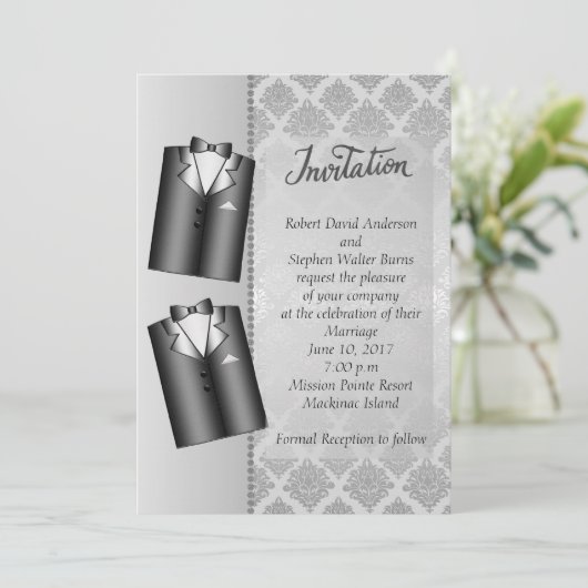 Homoseksuele Elegante Zilveren Trouw Uitnodiging (Staand voorkant)