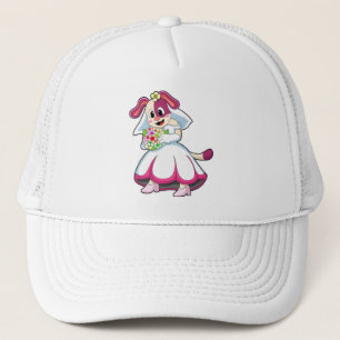 Hond als bruid met trouwjurk & bloemen trucker pet