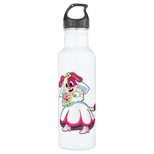 Hond als bruid met trouwjurk & bloemen waterfles 