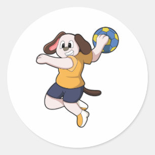 Hond als handballspeler met handbal ronde sticker