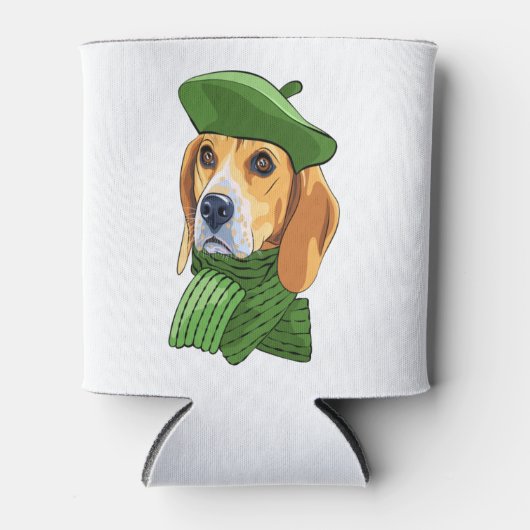Hond Beagle in groene Franse baret Blikjeskoeler (Voorkant)