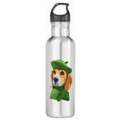 Hond Beagle in groene Franse baret Waterfles (Voorkant)