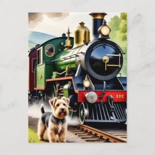 Hond begroet stoomtrein briefkaart