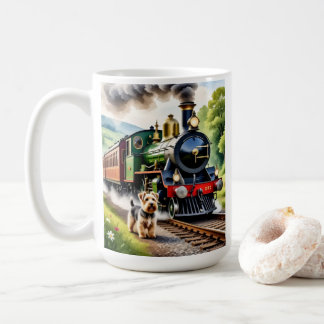 Hond begroet stoomtrein koffiemok
