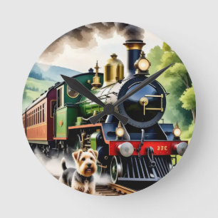 Hond begroet stoomtrein ronde klok
