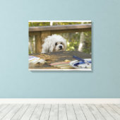 Hond bij picknicktafel canvas afdruk (Insitu (Houten vloer))