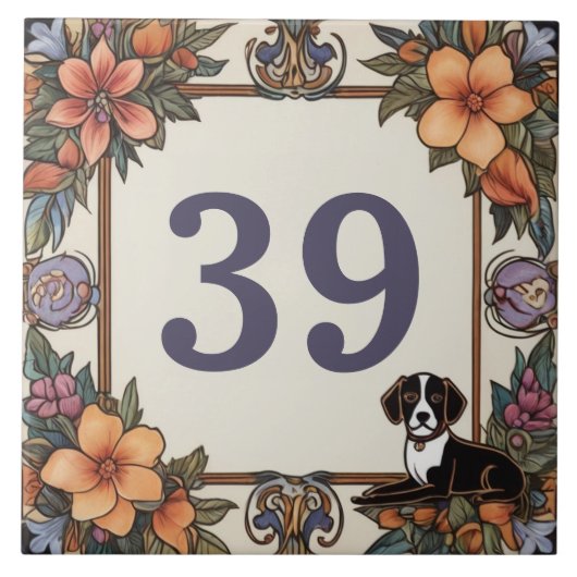 Hond & Bloemen Aangepaste huisnummer Tekenplaat Tegeltje (Voorkant)