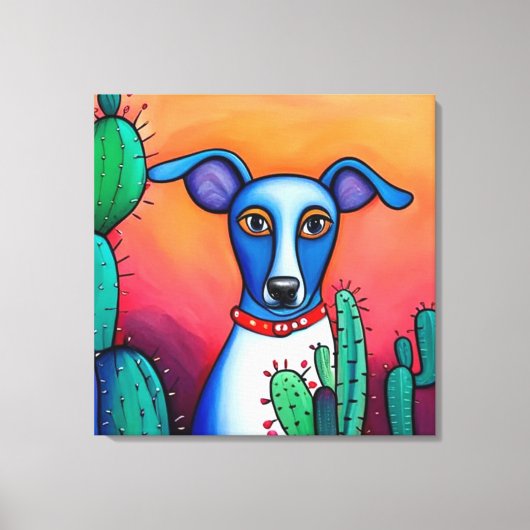Hond Cactus Folk Art Canvas Afdruk (Voorkant)