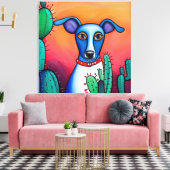Hond Cactus Folk Art Canvas Afdruk (Insitu (Woonkamer))