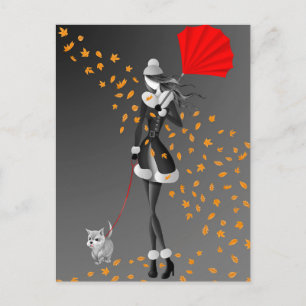 Hond & Dame Herfstbladeren Grijs Monochroom Ansich Briefkaart