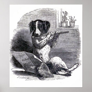 "Hond die de fluit speelt" Vintage illustratie Poster