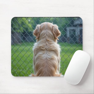 Hond die door een kettingschakel hekwerk kijkt muismat