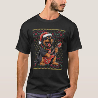 Hond die gitaar speelt Santa Hat Xmas Ugly Rottwei T-shirt