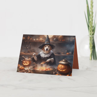 Hond die op Halloween in zijn keuken kookt en begr Kaart