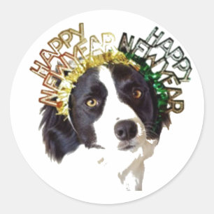 Hond draagt Happy New Year Petten Ronde Sticker