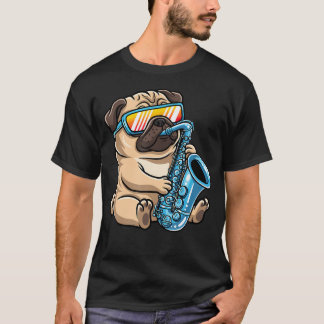 Hond draagt zonnebril en speelt saxofoon t-shirt